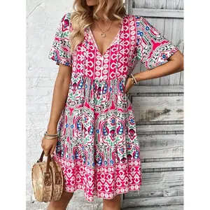 Tied Leisure Vacation  Dress With Doll Floral Pattern