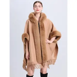 Women's Solid Color Faux Fur Trim Shawl, Casual Thick Warm Open Front Shawl for Fall & Winter, Fashion Accessories for Women & Girls