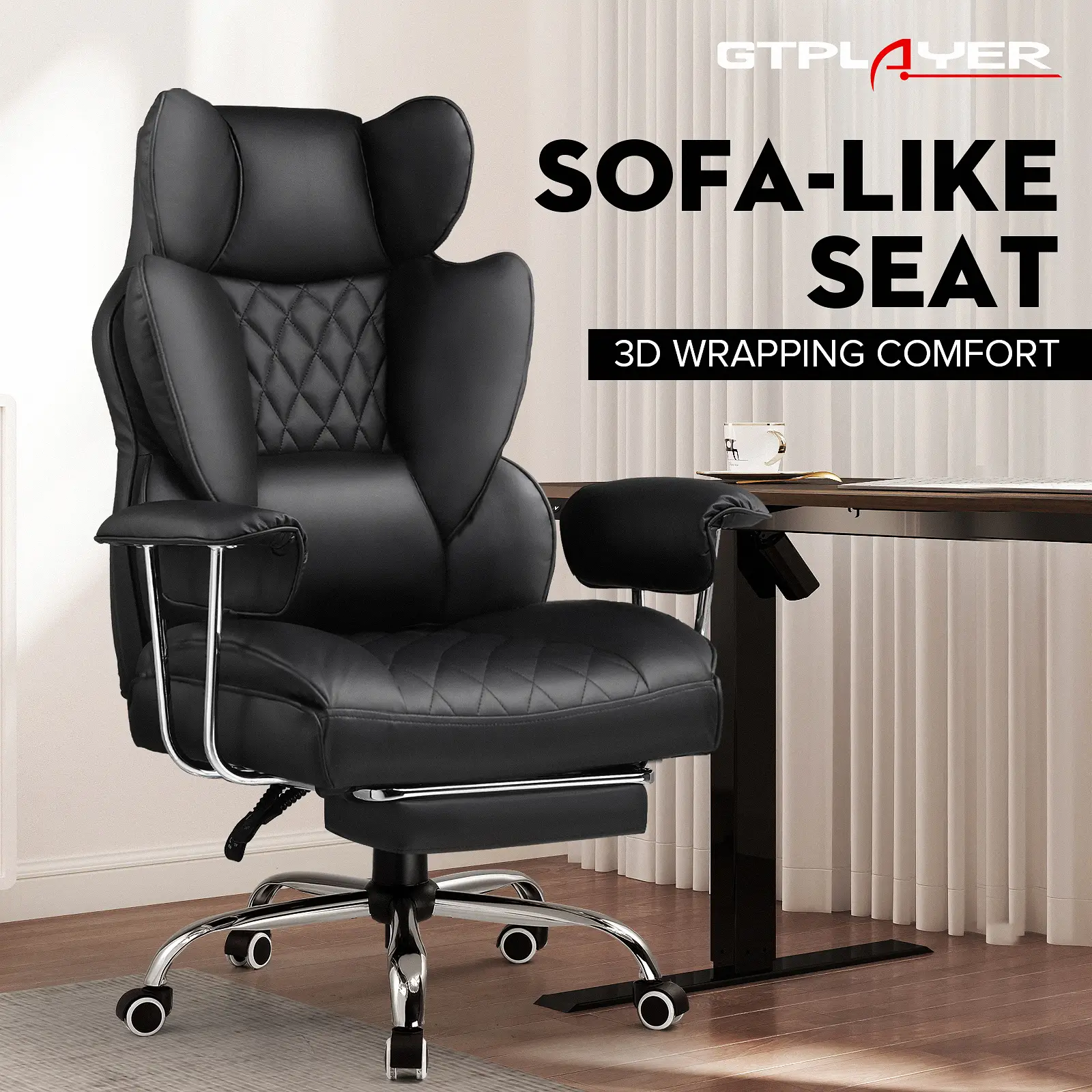 GTPLAYER Gaming Office Chair with Pocket Spring Lumbar Support, Ergonomic Comfortable Wide Chair with Outward Fixed Soft Armrests and Footrest