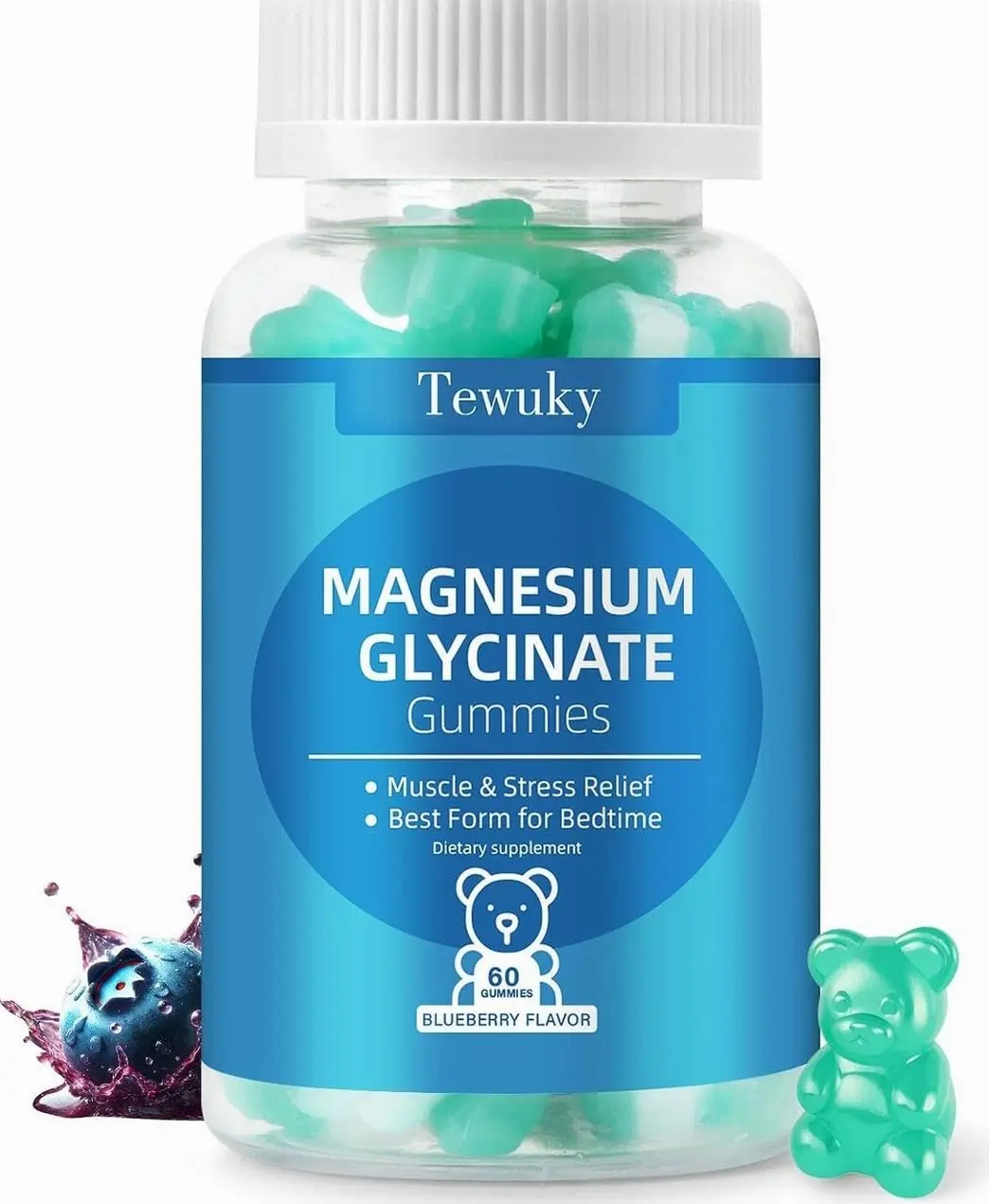 Magnesium Glycinate Gummies 500mg, Sugar-Free for Adults & Kids, Magnesium Gummies for Sleep, Stress & Muscle Relief, Supports Bone & Nerve Health, Vegan, Pectin-Based, 60 Count, Blueberry Flavor