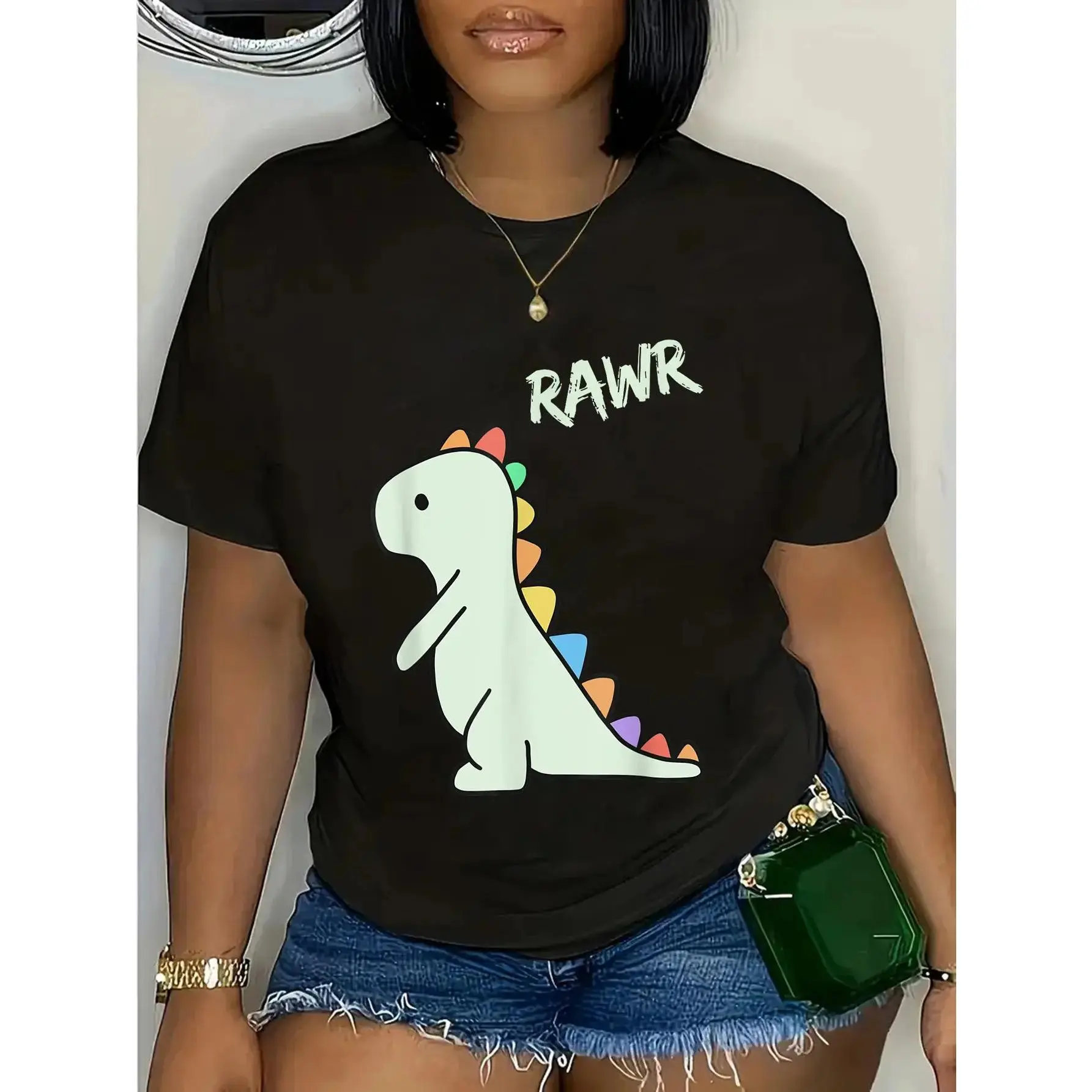 Cotton Cute Dino Rawr Dinosaur Roaring Funny Dino Cartoon T-Shirt
