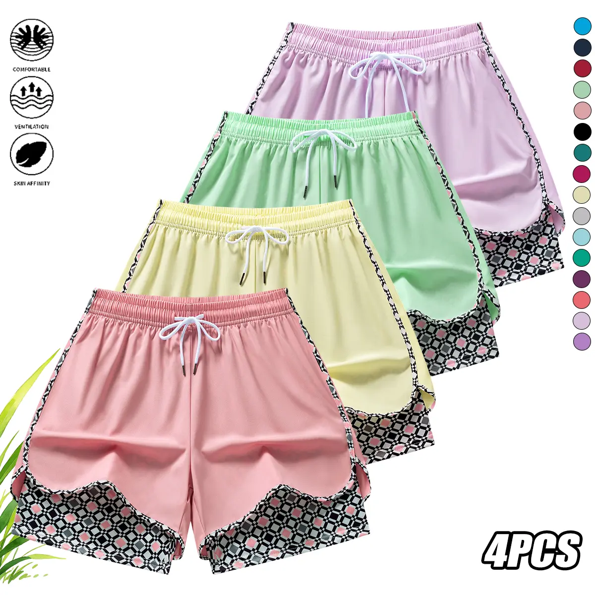 Set of 4 women’s athletic shorts featuring a faux two-piece design, elastic waistband, and lining; suitable for outdoor workouts and everyday wear; summer shorts, women’s apparel.