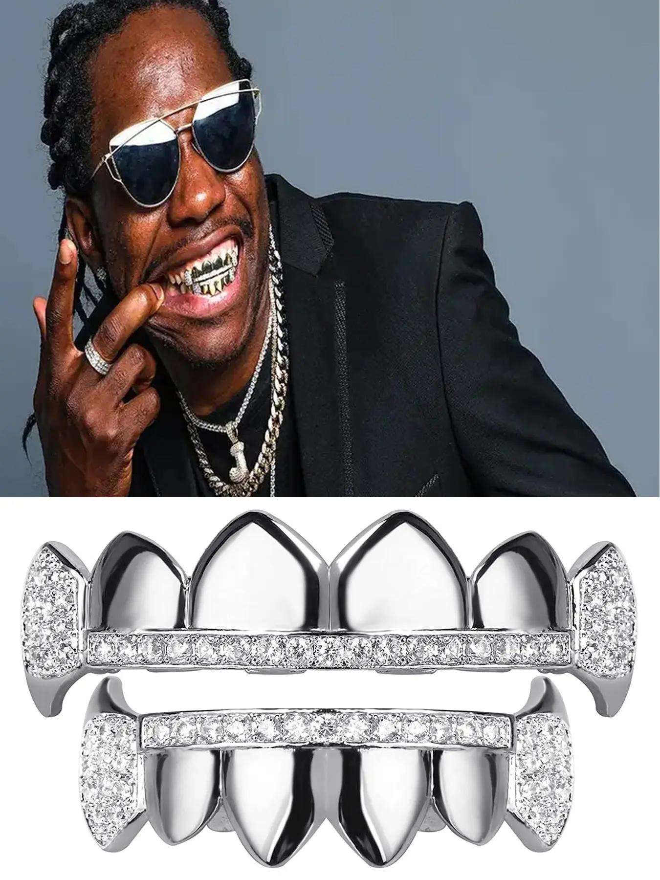 Hip Hop Silver Color Teeth Jewelry Set, Unisex Fashion Glowing Teeth Decor, Body Jewelry, Cubic Zirconia Teeth Adornments, Teeth Accessory, All Seasons