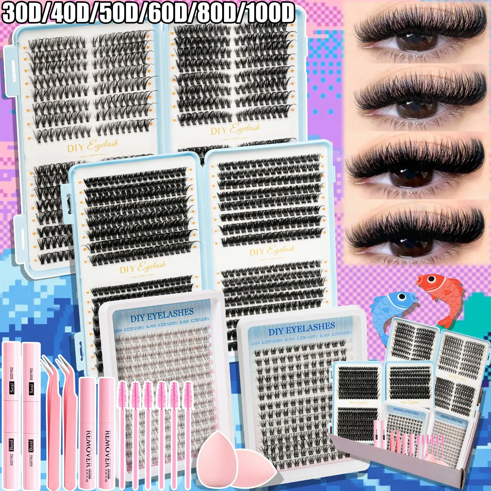 False eyelashes, Mixed individual lashes, Diy Makeup Lashes, packaged in a gift box, featuring a variety of styles with 8-16mm lengths, includes 2 sets of dual-head adhesive, 2 removers, 2 tweezers, 2 beauty sponges