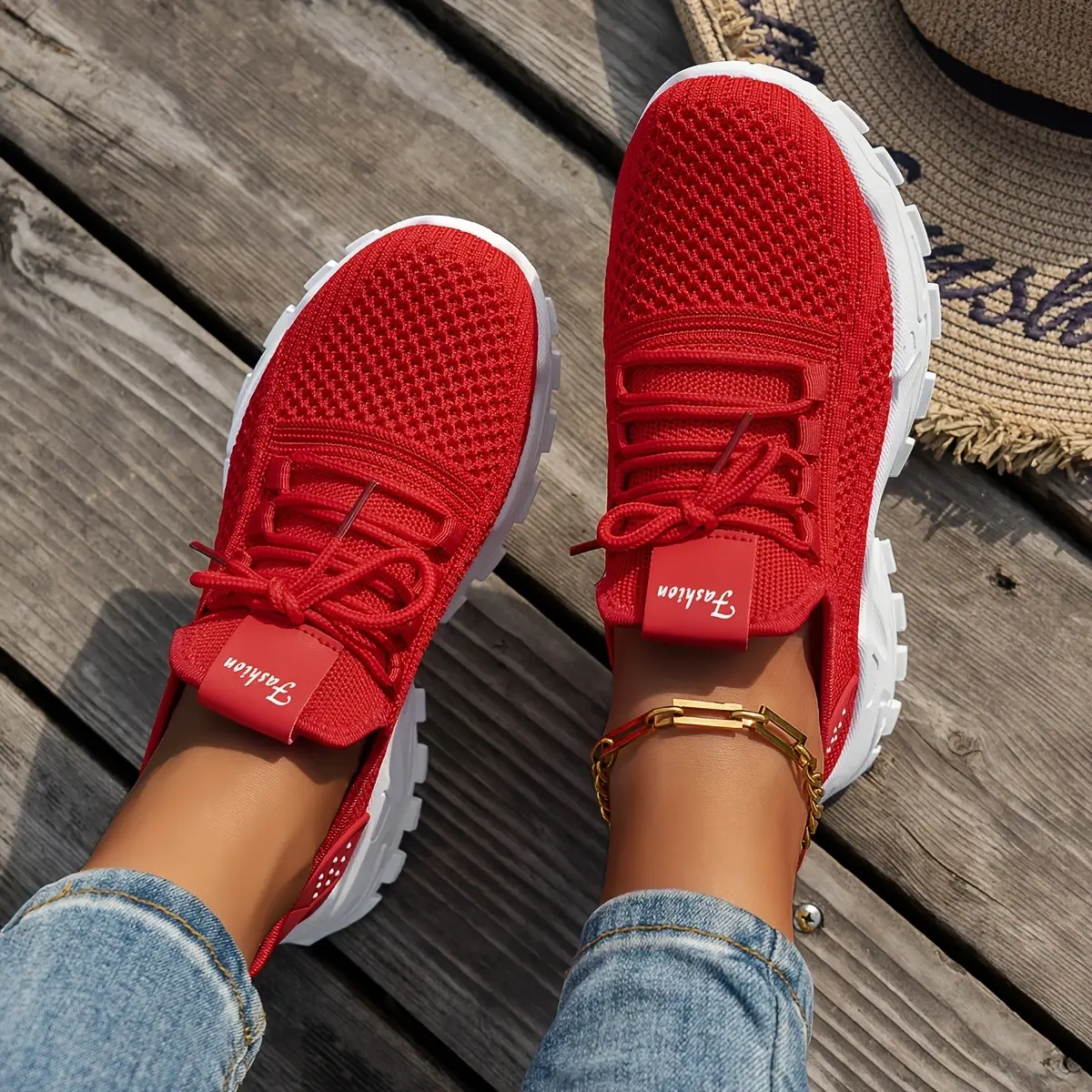 Women's Coral Fabric Low-Top Sneakers - Cloth Knit Mesh, Breathable, Chunky Sole, Lightweight Lace-Up Female Shoes with Pastel Design, Athletic Look for All-Day Comfort & Casual Trendy Outfits