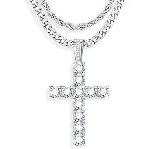 MILACOLATO 925 Sterling Silver Cross Necklace Men - CZ Cross Pendant Layered Necklaces Waterproof Stainless Steel Cuban Link Rope Chain Silver Necklace Stack Jewelry with Gift Box 16-30 Inches