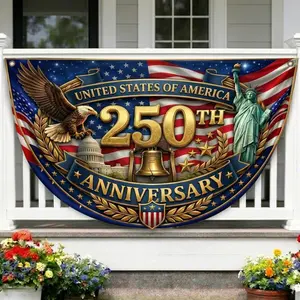 USA 250th Anniversary Polyester Semicircle Fence Banner, 1776–2026 Patriotic Bunting Flag, American Flag Half Round Banner, Fourth Of July Independence Day Outdoor Decor, USA 250 Years Porch Fence Party Banner