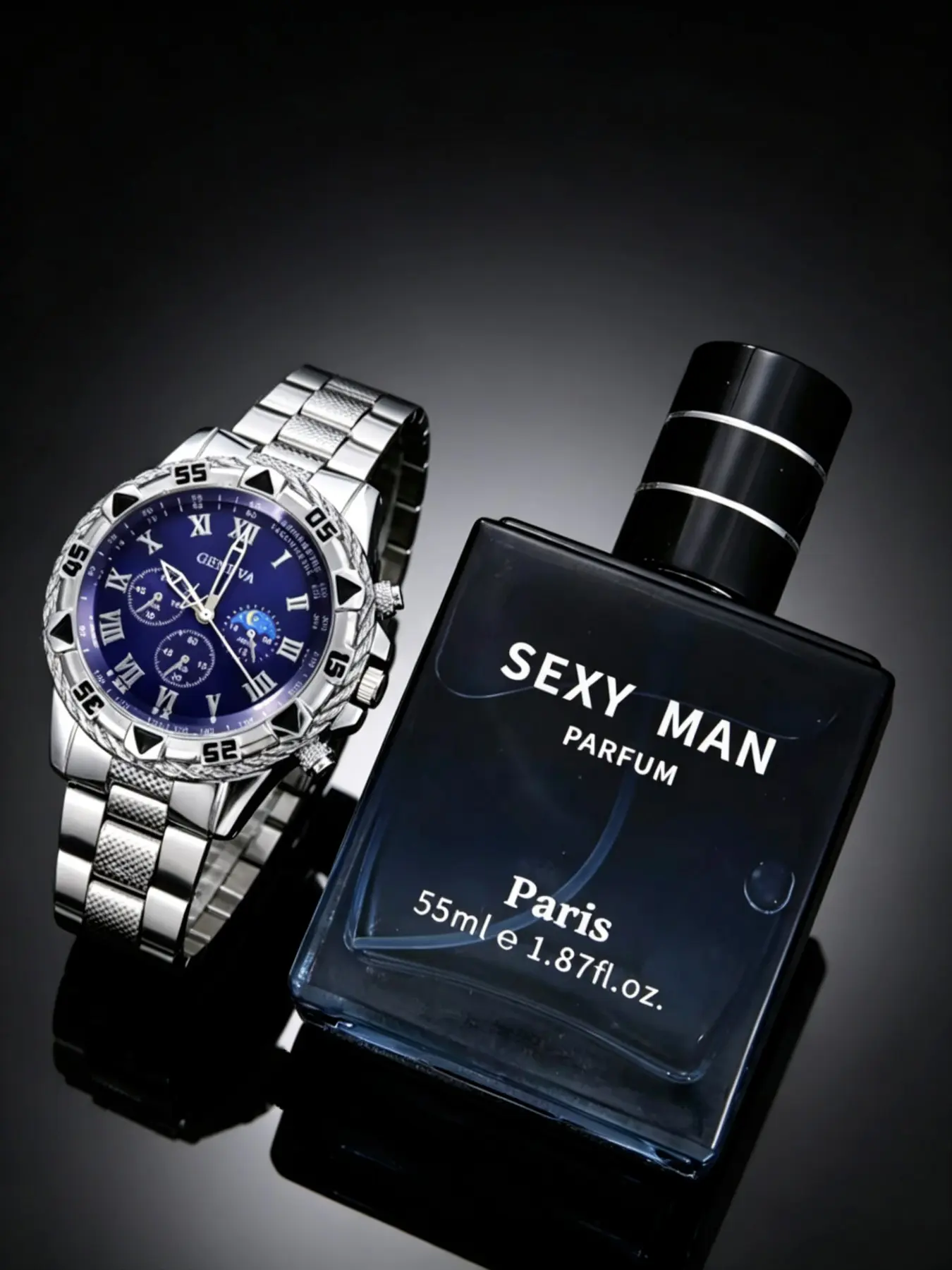 Men's Fashion Quartz Watch Set, Fashionable Wristwatch, Quartz Mechanism, Geometric Pattern Large Dial Design, Alloy Chain Long-Lasting Fragrance Perfume Included, Perfect Gift for Him, Perfect for Business Casual Daily Wear