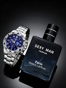 Men's Fashion Quartz Watch Set, Quartz Mechanism, Geometric Pattern Large Dial Design, Alloy Chain Long-Lasting Fragrance Perfume Included, Perfect Gift for Him, Father's Day For Dad, Perfect for Business Casual Daily Wear Birthday
