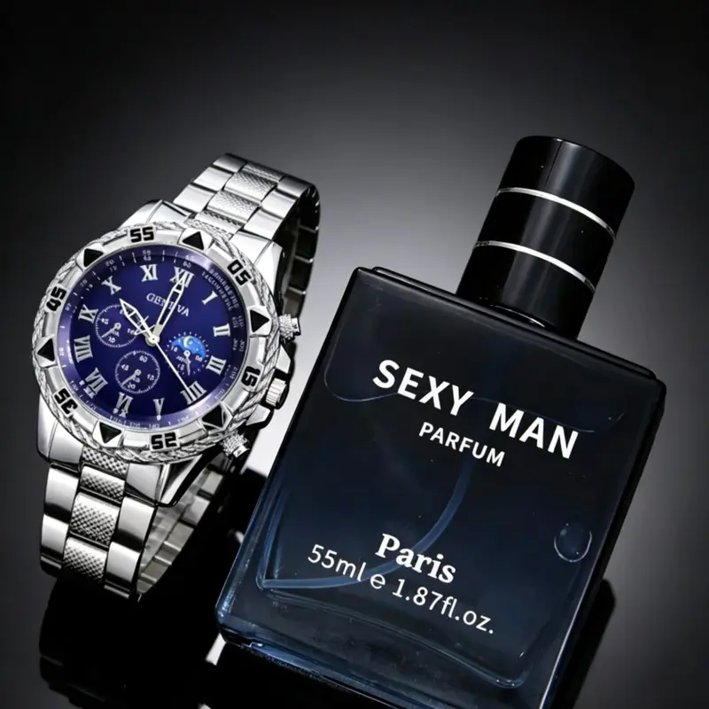 Men's Fashion Quartz Watch Set, Quartz Mechanism, Geometric Pattern Large Dial Design, Alloy Chain, Long-Lasting Fragrance Perfume Included, Perfect Gift for Him, Perfect for Business, Casual Daily Wear, Quartz Analog Wristwatch