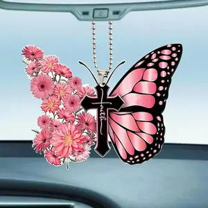 Butterfly & Cross Design Hanging Ornament, Car Rearview Mirror Decorative Pendant, Car Interior Decoration Accessories, Car Interior Accessory, Car Trinkets