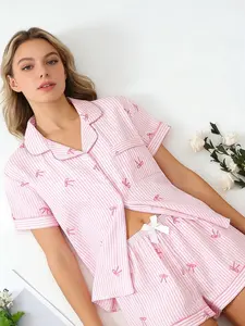 Striped Bow Sleepwear Set, Short Sleeve Button-Up Top + Shorts, Casual Comfort Fit, All Seasons Home Wear, Two-Piece Set