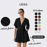 Cider Textured V-neck Ruched Mid Rise Bell Sleeve Ribbed Fabric Romper with Pockets Womenswear Basic Minimalist Jumpsuit