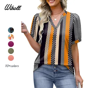 WIHOLL Women's Pleated Puff Sleeve Tops Summer V Neck Tunic Shirts Loose Curved Hem Blouses Dressy Casual S-3XL
