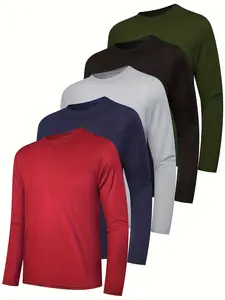 Men's Round Neck Long Sleeve T-Shirt Set, Casual Knitted Polyester Top, Moisture-Wicking Breathable, All Seasons Basic, Flag Print