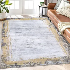 【GARVEE】Solid Area Rug 5x7 Washable Modern Bordered Rug for Living Room, Bedroom, Dining Room - Neutral Beige Geometric Floor Decor, Stain Resistant, Non-Shedding, Easy Care Throw Rug