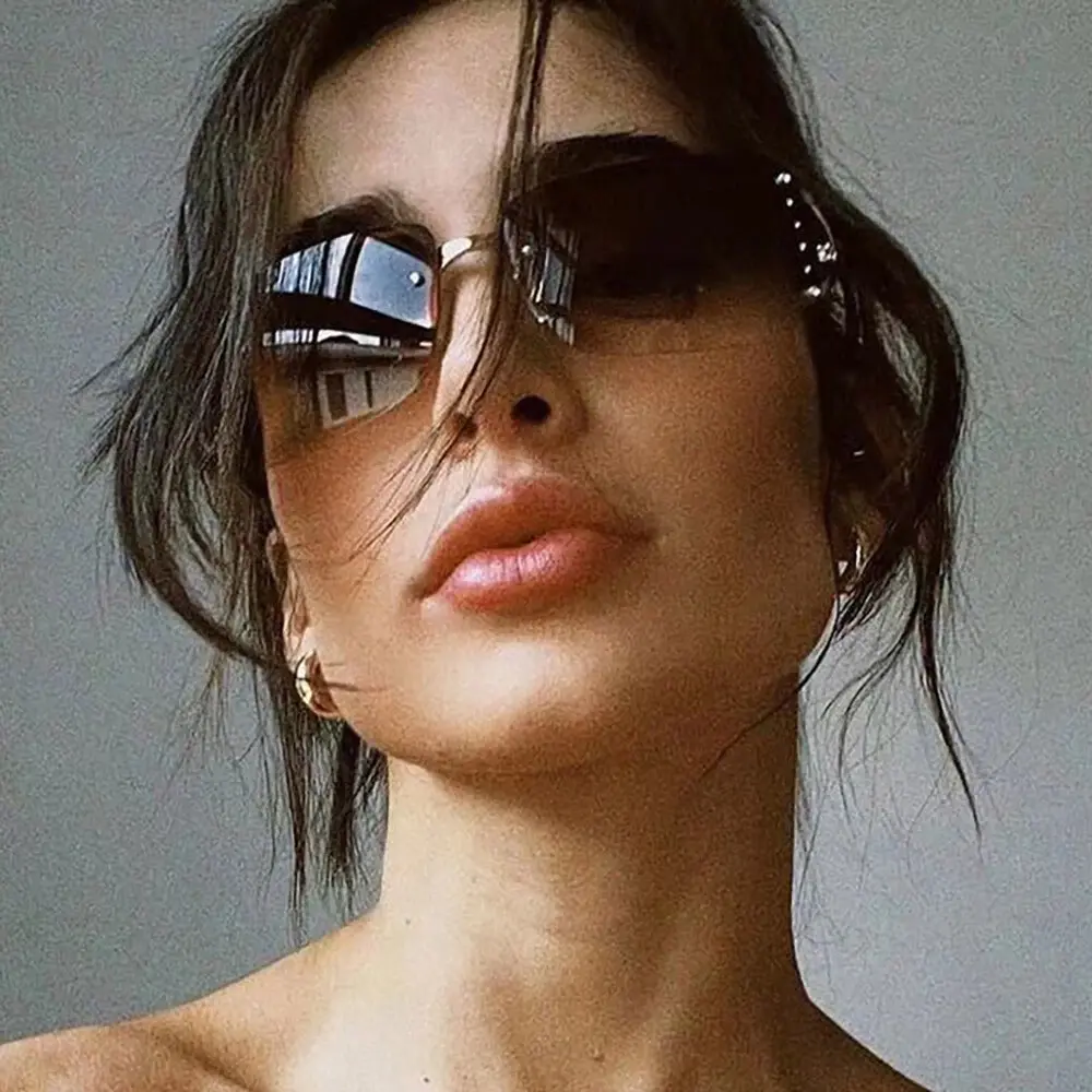 Glam Rimless Rectangular Sunglasses for Women with Rhinestone Studs and Hollow Gold Metal Arms, Gradient Lenses with UV Sun Protection