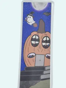Cute Ghost Bookmark – Handmade Laminated Bookmark with Pumpkin Library & Full Moon | Spooky Book Lover Gift for Halloween Reading