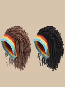 Handmade Unisex Beanie Hat, Hip Hop Style, Funny Braided Design, Soft Lightweight Knit Cap for Casual Wear, Men's Fake Hair Headwear, Handcrafted Cap