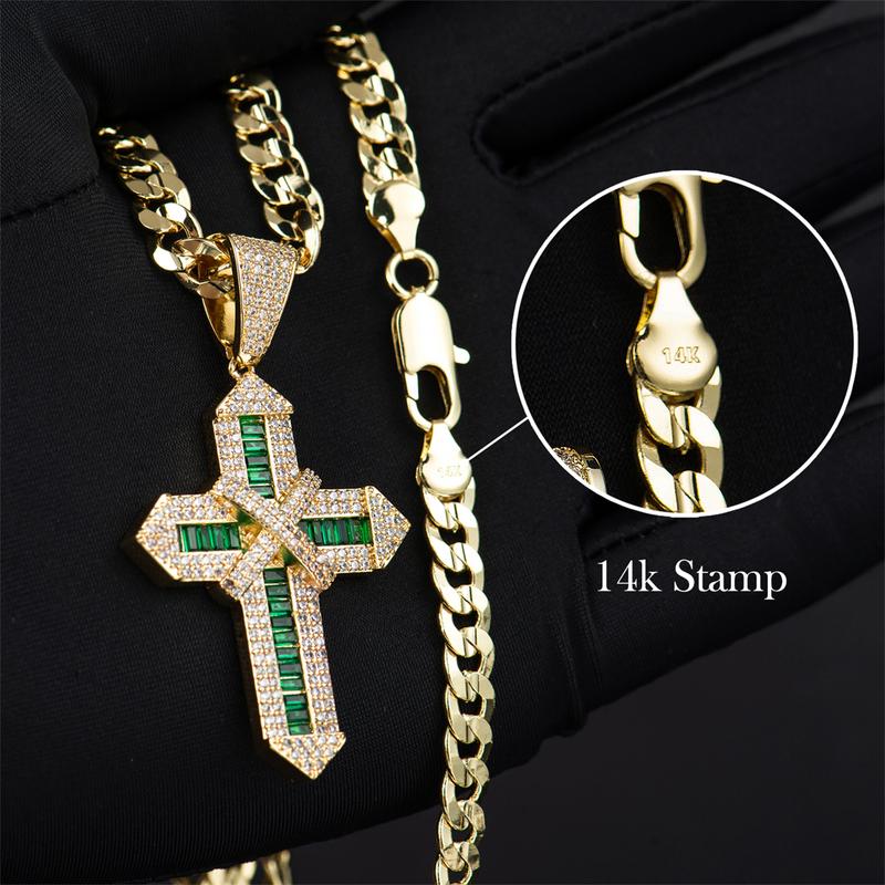Holylegend 14K Real Gold-Plated Cross Necklace for Men, Advanced Nanotech Tarnish-Free Cuban Figaro Rope Miami Chains with Jesus Crucifix Pendant, 24” Long , Christian Religious Jewelry Gift