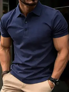 Men's Casual Short Sleeve Polo Shirt, Slim Fit Elastic Muscle Tee, Long Fitted Workwear T-Shirt, Plain H-Type Design Top