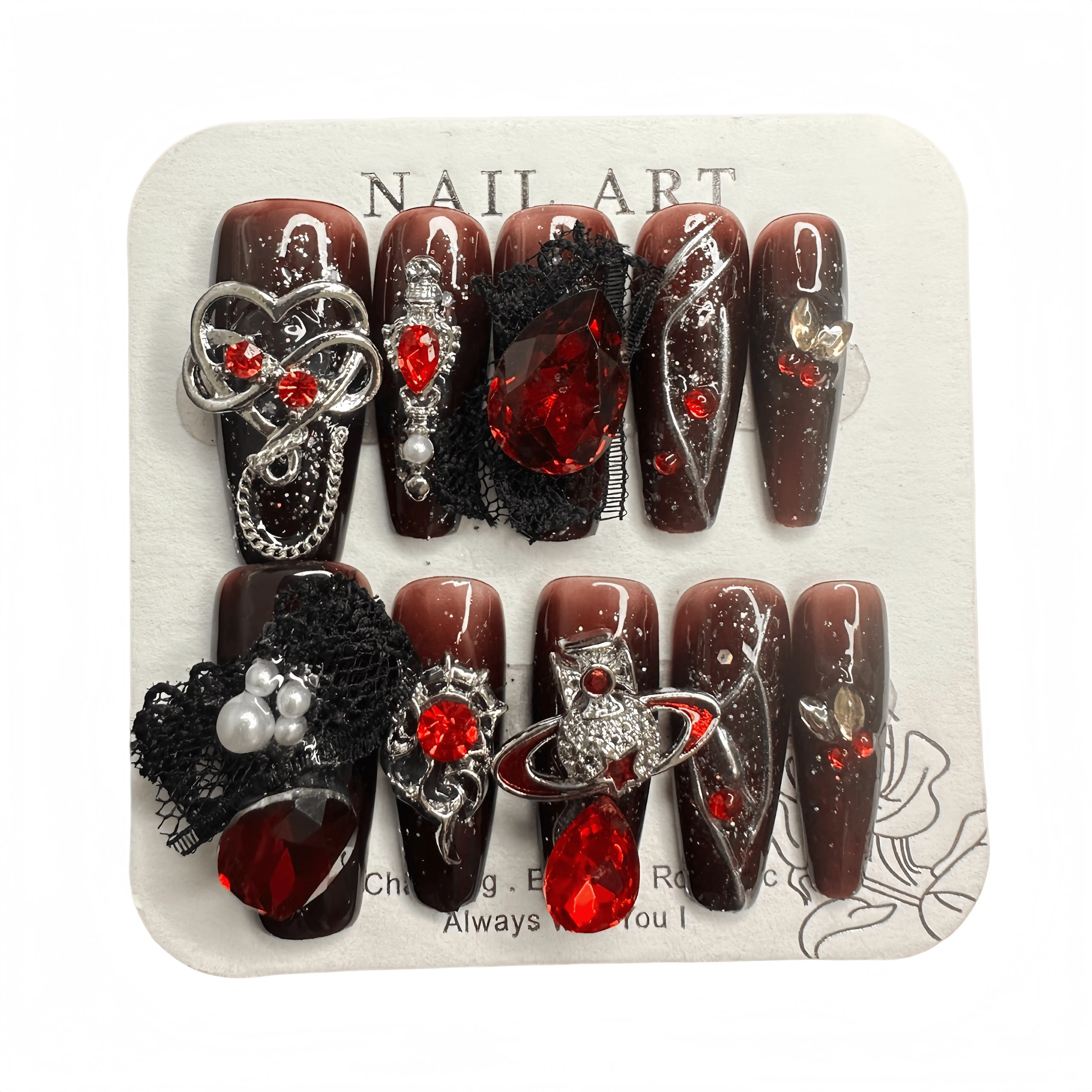S70 Handmade Press-On Nails Scarlet Bramble Handmade Reusable Nail Art Patches, Manual Application, Removable Wearable Nail Accessories, Handmade Reusable Nails