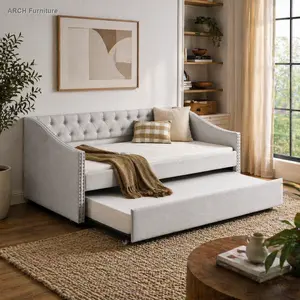 Mid-Century Beige Button-Tufted Upholstered Twin Day Bed with Trundle Pull, Copper-Nailed Waved-Arms Sofa Bed, 80.5"x41"x30.5" Indoor Furniture Sofa