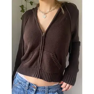 Women’s plain full-zip drop-shoulder hooded cardigan with drawstring, casual long-sleeve outerwear with pockets for fall and winter, women’s knit top