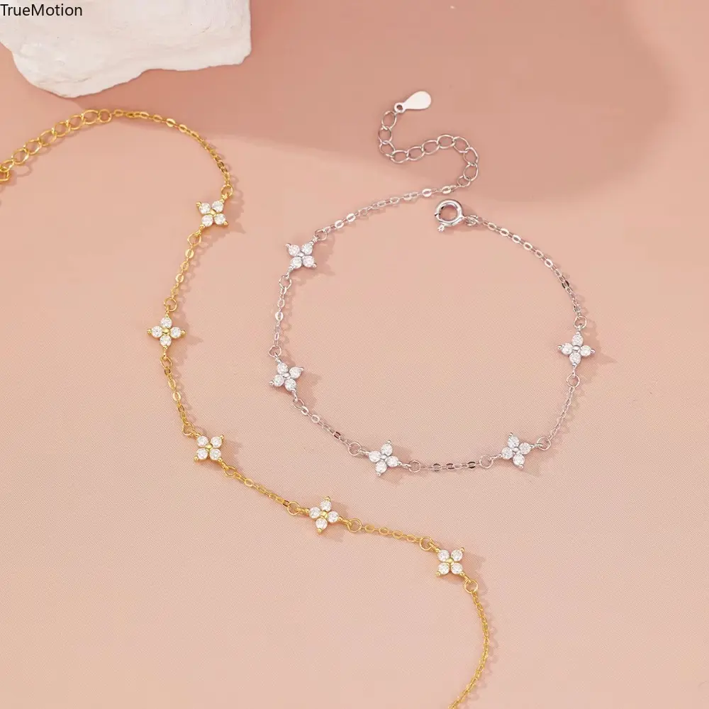 Women's 925 Sterling Silver Dainty Crystal Flower Adjustable Bracelets - Korean Fashion Accessory for Daily, Party Wear, Jewelry Bracelet Design, Adjustable Bangle Jewelry, Exquisite Bracelet