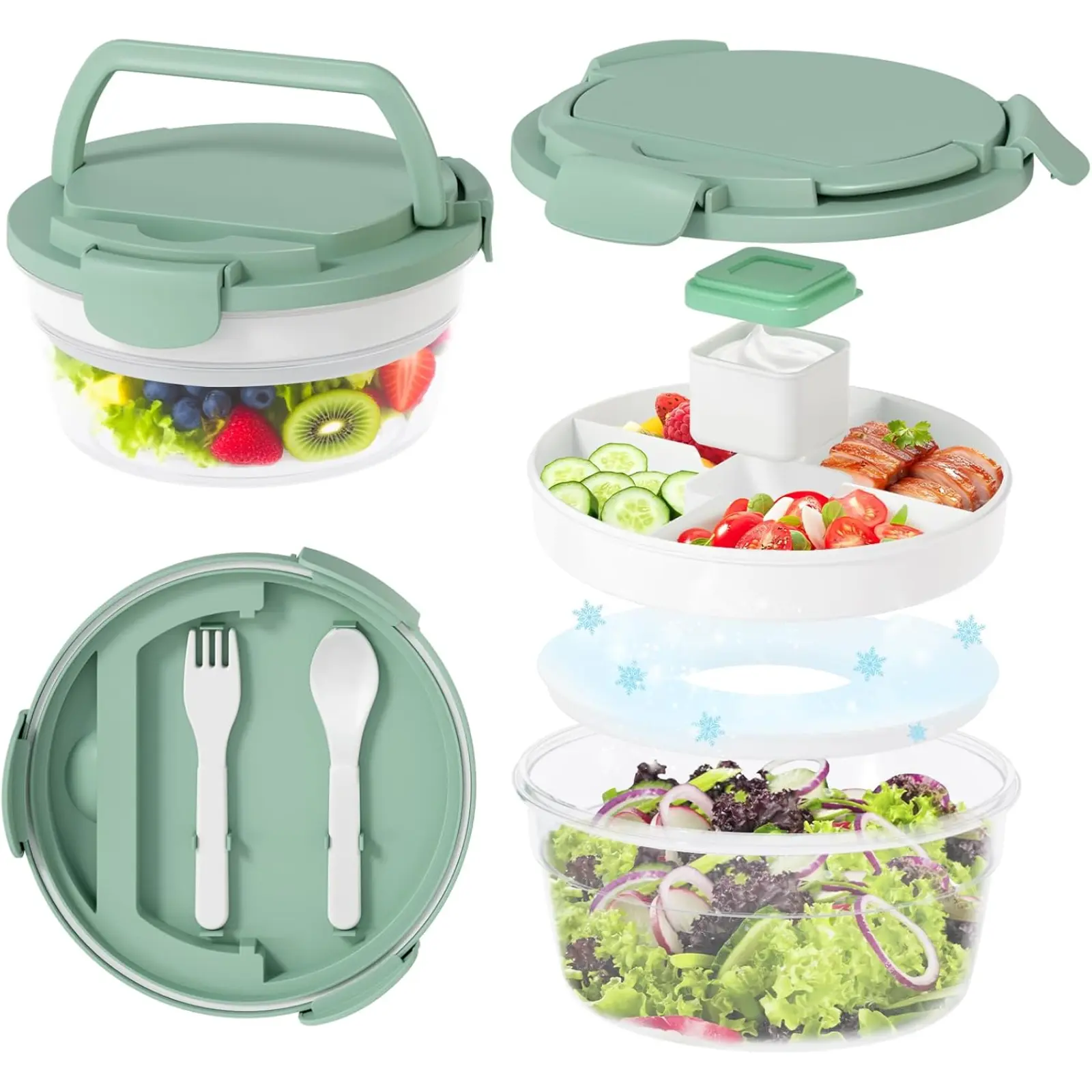 58oz Leakproof Non-Toxic 4-Compartment Adult Bento Lunch Box with Lid, Dressing Cup & Ice Pack, Meal Prep & Work Tableware (Kitchenware Lunch Boxes), Leakproof Lunch Box