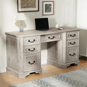 OKD Victorian Office Desk with Drawers Executive Desk with File Cabinet Storage Cable Management Keyboard Tray in Select Antique Wood Finish Computer Desks for Home Office Study Room