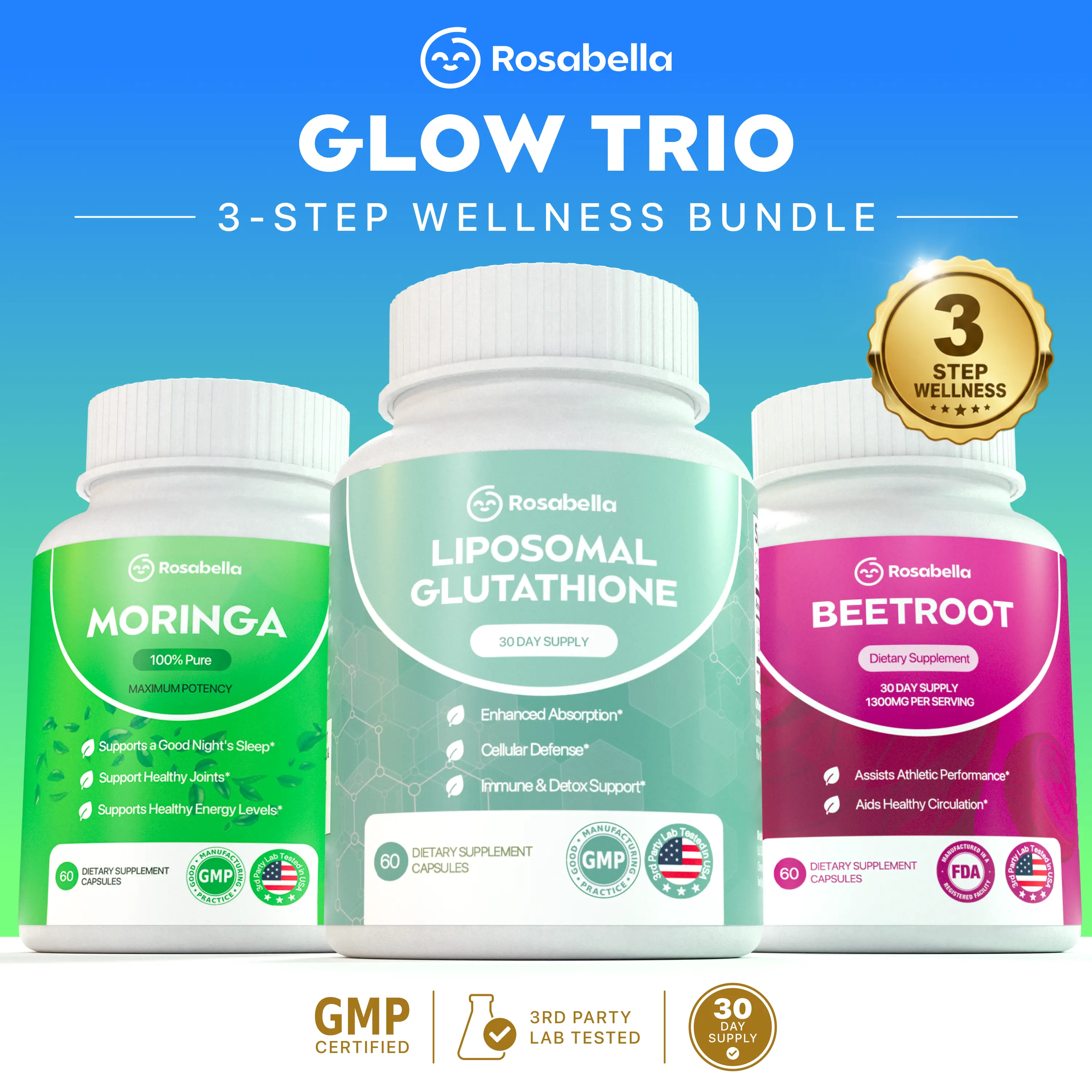 Rosabella Glow Trio Bundle – Liposomal Glutathione, Moringa & Beetroot Capsules | 3-Step Wellness Routine | 30 Day Supply Rosabella Glow Trio Bundle – Liposomal Glutathione, Moringa & Beetroot Capsules | 3-Step Wellness Routine | 30 Day Supply