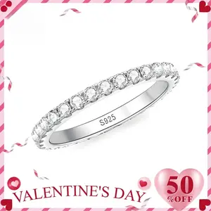 PAVODD S925 Sterling SilverGolden Eternity Ring Band Lab-Created Moissanite Wedding Ring/Copper Moissanite Jewelry Perfect Christmas Gift