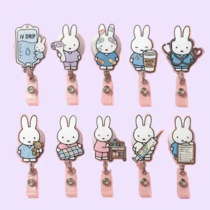 Aesthetic Pastel Medical Bunny Acrylic Badge Reel Cute Coquette Rabbit Durable Retractable ID Name Tag Clip For Pediatric Nurse Clinical Gear