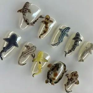 Shark Press On Nails, Ocean Animal Nail Art, 3D Fish Nails, Clear Jelly Press Ons, Handmade Sea Creature Nails