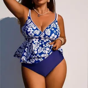 Plus Size Print Tankini Set, Ruffle Hem V Neck Tummy Control Swimwear for Women,Scallop Strap Ruffle Hem Tummy Control Swimwear for Vacation,Summer Vibes
