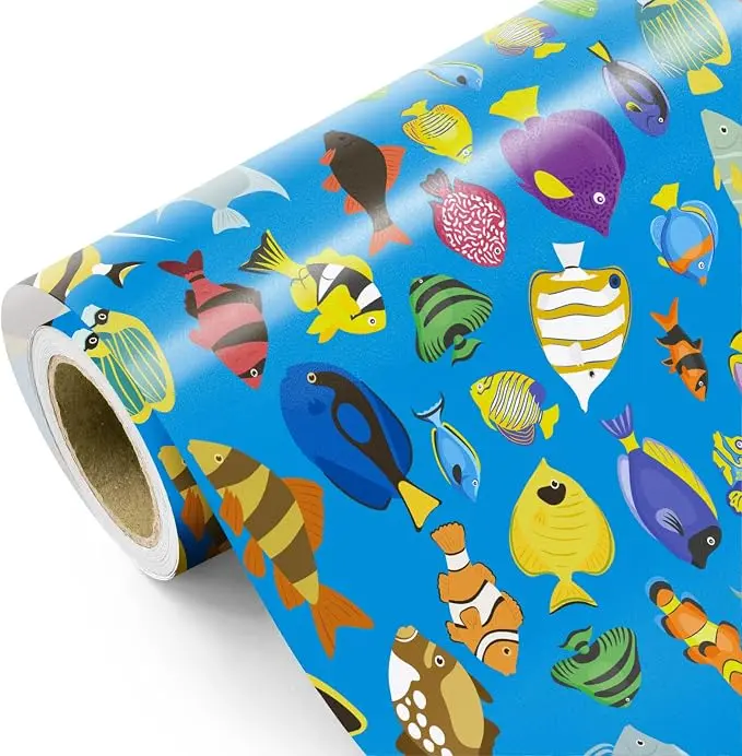 WRAPAHOLIC Ocean Fish Wrapping Paper Roll, Cute Sea Animal Gift Wrap with Colorful Fish Design, Kids Birthday & Baby Shower Gift Paper, 17in x 16.5ft