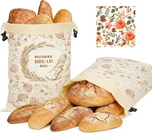 2 Pack Reusable Beeswax Bread Bags for Sourdough Homemade Bread, 17x13-Inch Cotton Storage Bags with Lock Closure, Fresh-Keeping for Fridge, Freezer & Daily Use(2 pack bread bag and 1 wraps)
