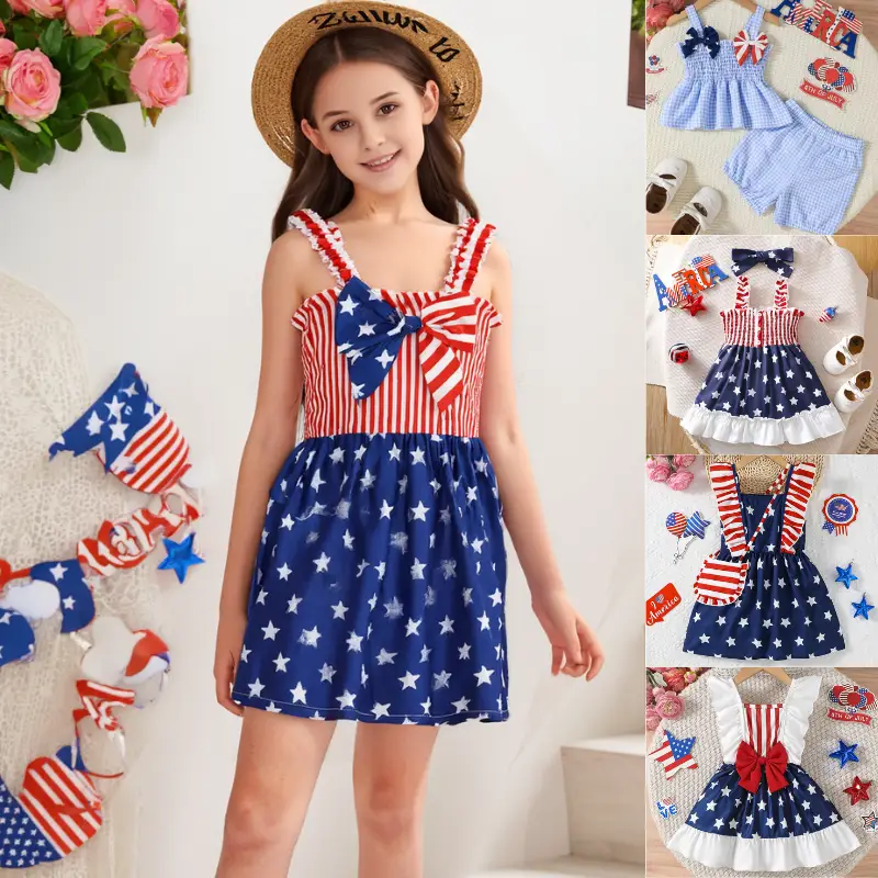 Ready Stock 4th of July Independence Day Dresses For Toddler Kid Girls American Flag Stripes & Stars Patchowrk Front Bow Off Shoulder One Piece Summer
