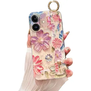 Hand Strap Holder Case for 6.7" iPhone 16 Plus with Kickstand - Wrist Strap Band Soft Pattern Shockproof Cover, Adjustable Handle Grip Loop for iPhone 16 Plus 6.7 Inch, Cherry Bloom