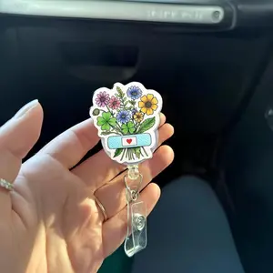 Floral Bouquet Band-Aid Badge Reel, Cute Heart Stethoscope ID Holder, Nurse Doctor Medical Assistant Gift, Flower Retractable Badge Clip