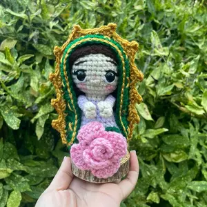 Virgen de Guadalupe Small Crochet Plushie with Green and Gold Hood and Pink Rose Detail