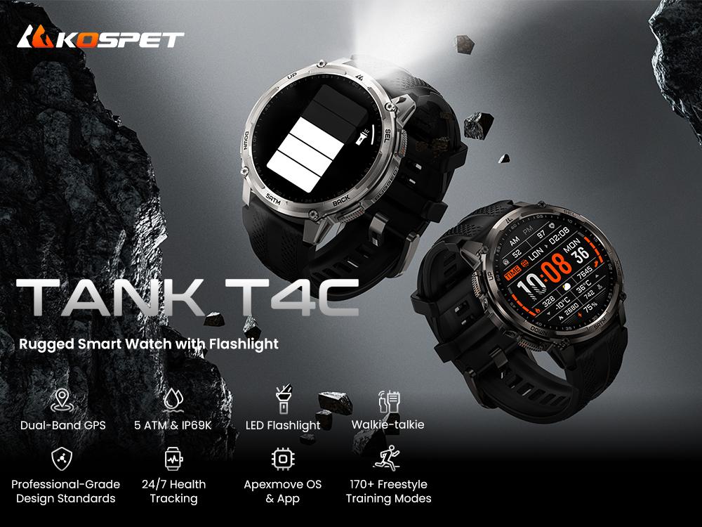 KOSPET Tank T4C Smart Watch for Men with LED Flashlight, 1.5” AMOLED Display, Dual-Band GPS&Compass, 50-Days Battery, 24/7 Heart Rate/Sleep Monitor, 50m Waterproof, Bluetooth Call/Walkie-Talkie