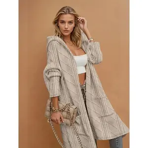 [Casual Hooded Cardigan] Women's Casual Long Hooded Cardigan with Pockets | Beige, Round Neck, Long Sleeve, Fall/Winter Fashion, Layering Piece, Sweater Hoodie