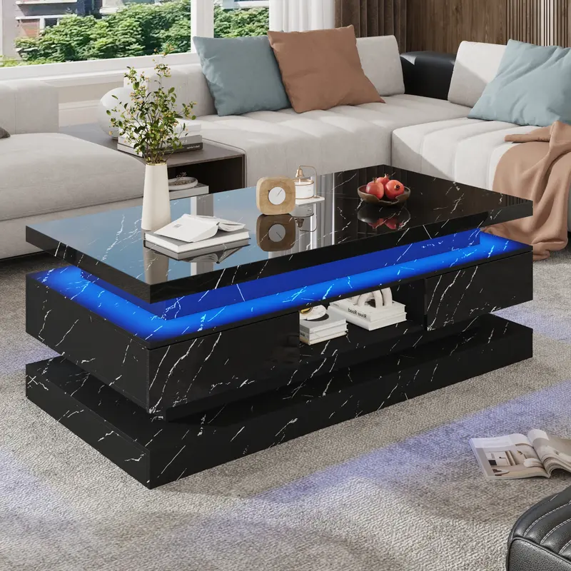47.2 inch Modern High Glossy LED Coffee Table with 2 Sliding Drawers, Double-Layer Center Tables with LED Lights for Livings Room Furniture, Black