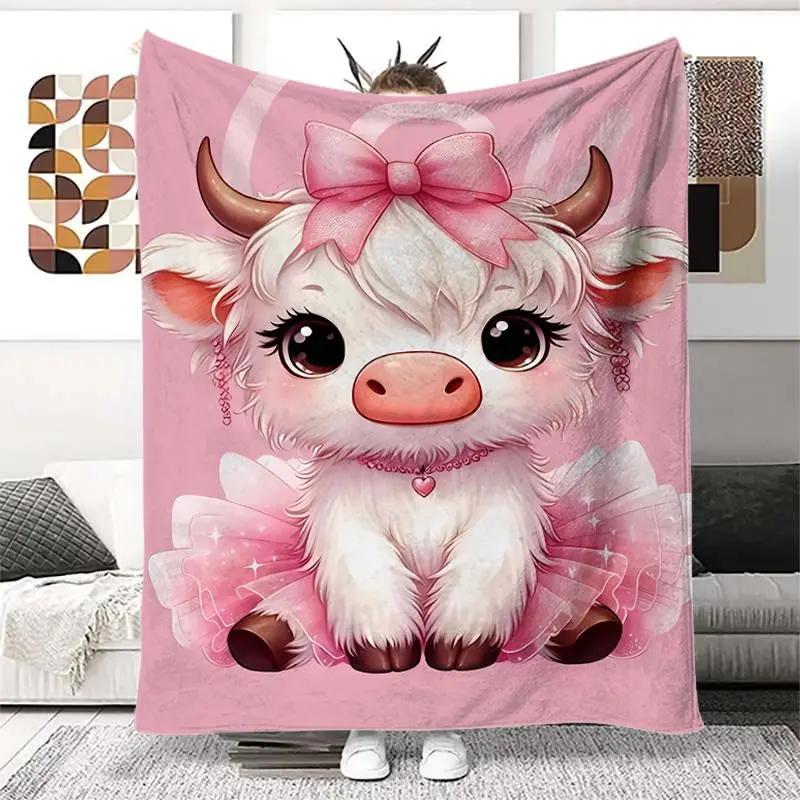 Cute Highland Cow Pattern Blanket Soft Throw for Home Office Travel Camping Cozy Lightweight Flannel Retro Festive Design Perfect Holiday Christmas Gift