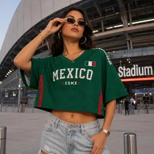10 Designs Mexico Crop Top, V-neck Poly Fabric All Over Print 2 Sided Jersey Shirts, Women's Crop Shirt