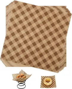 100pcs Waxed Deli Paper Sheets, 7.1x7.1 in Greaseproof Food Basket Liners Squares Checkered Sandwich & Burger Wraps Tray Parchment Liners for Serving Food Picnics Restaurants (Brown)
