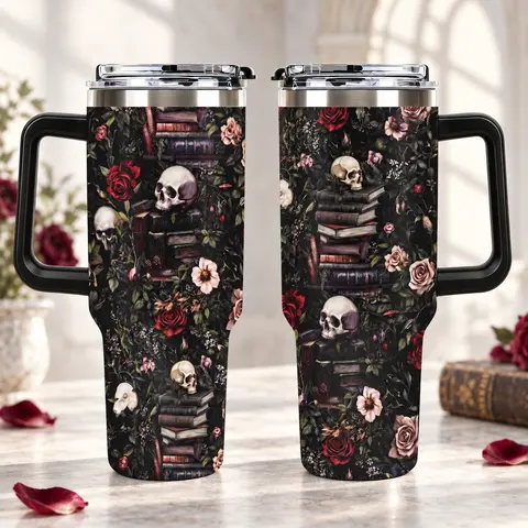 1pc Dark Gothic Skull Rose Stacked Books Full Wrap 40oz Stainless Steel Tumbler with Black Handle Lid Straw, Dark Academia Floral Skeleton Print Travel Coffee Cup, Witchy Bookish Beverage Cup, Unique Gift for Gothic Book Lovers Dark Art Fans