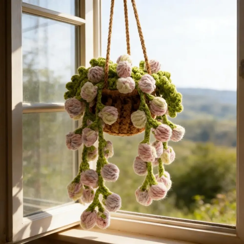 Handmade Crocheted Car Hanging Ornament with Pink & White Flowers, Boho Style, Unique Air Freshener & Car Decoration, Perfect for Travel & Daily Commute